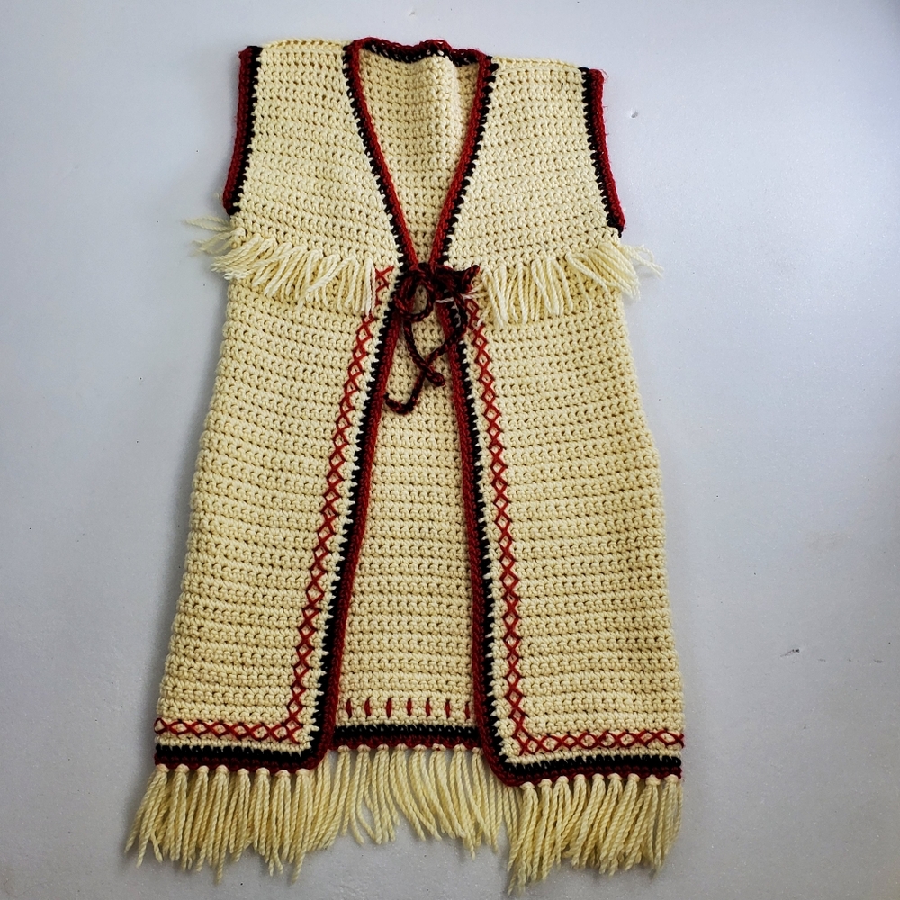 Vintage 60’s Handmade Open Red white Blue Fringe Hippy Boho Long Vest